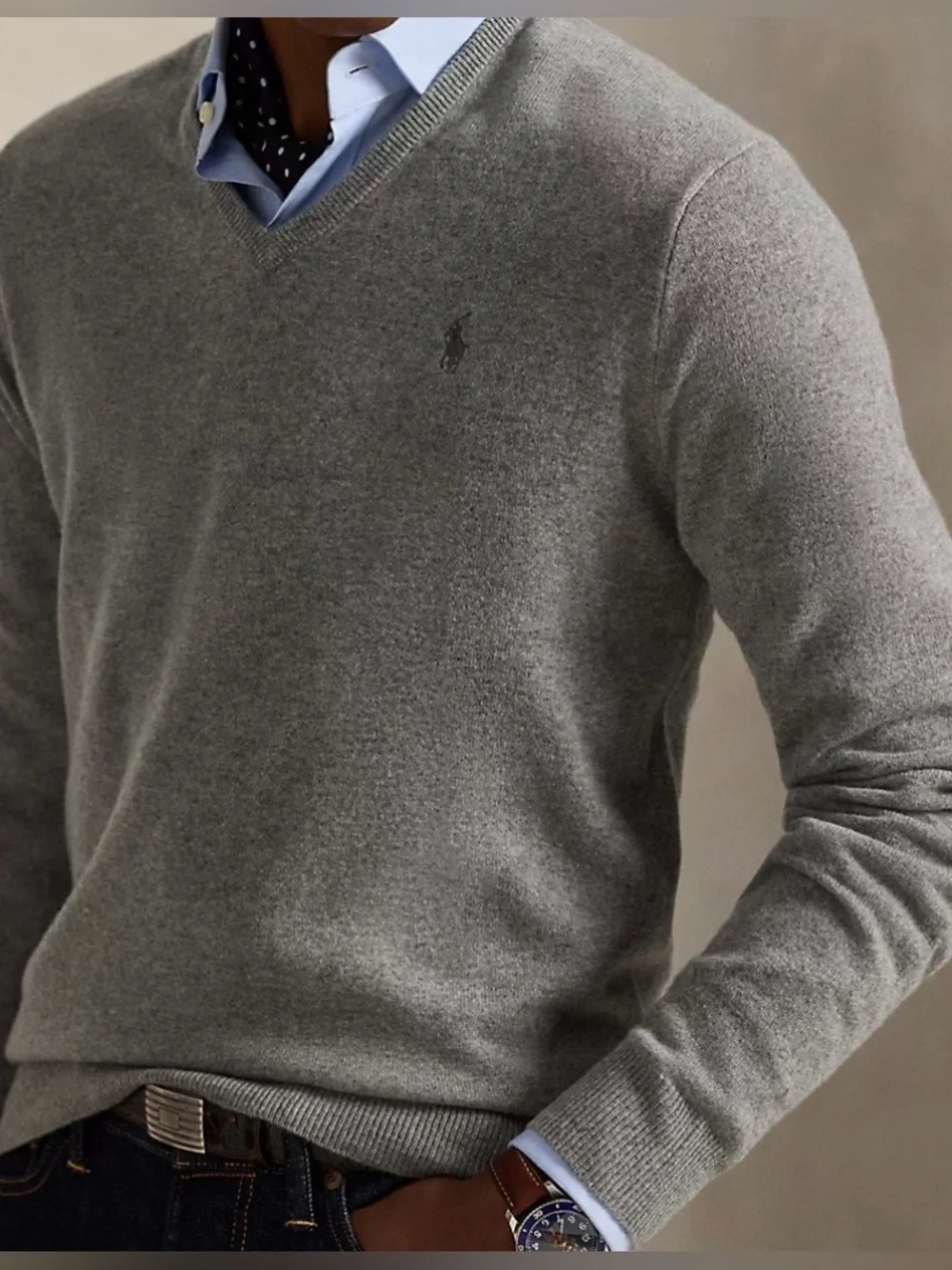 Polo Ralph Lauren Grey V-neck Knit Pullover Pima Cotton Sweater Size XL.